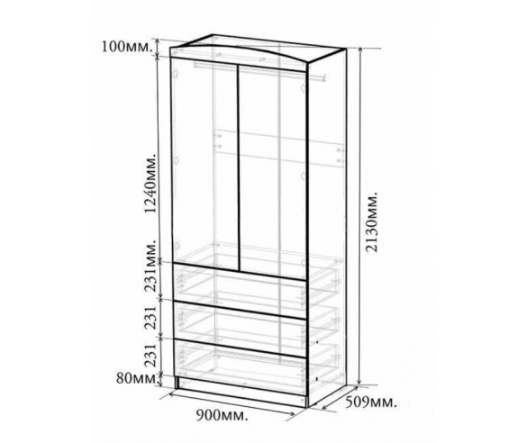 Схема с размерами 2-х дверного шкафа СС-08