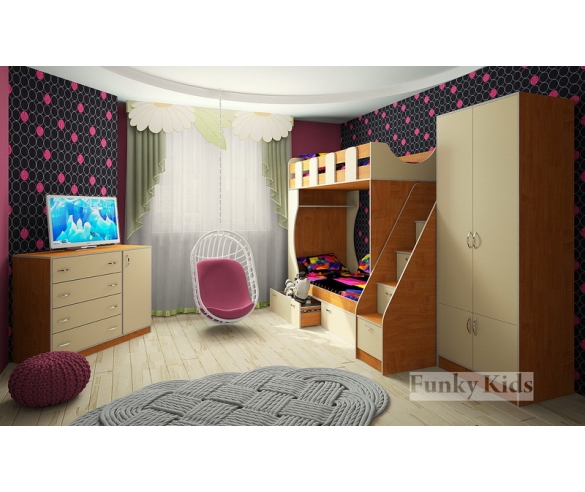 двухъярусная кровать Фанки Кидз 5 с лестницей - комодом + шкаф - гардероб + комод  ольха / крем ваниль