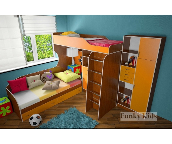 Кровать чердак Фанки Кидз 7 + кровать с двумя выдвижными ящиками + стеллаж для книг - корпус орех / фасад оранжевый