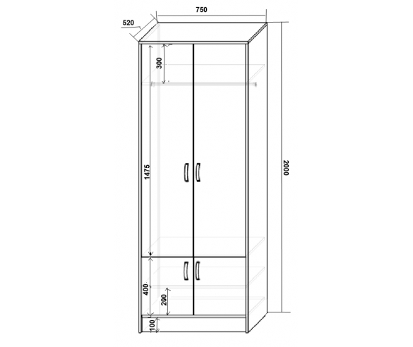Модульная мебель Фанки Кидз - схема двухстворчатого шкафа с размерами