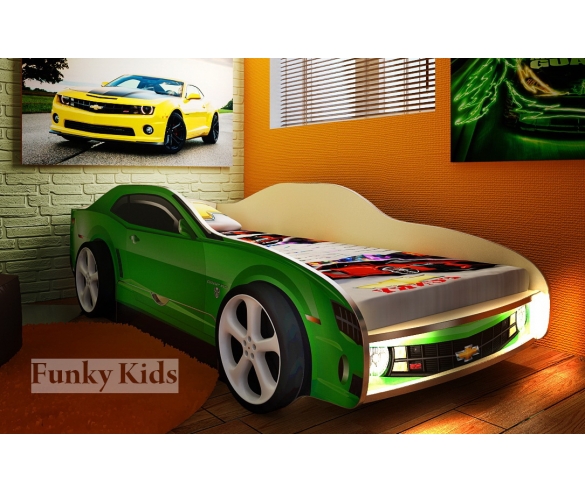 Кровать машина детская Камаро Шевроле с подсветкой и пластиковыми колесами