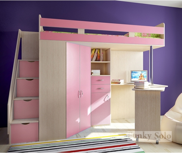 Детская кровать-чердак для девочек Фанки Соло 1, дуб кремона / розовый