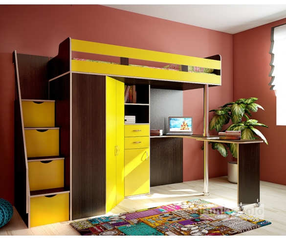 Детская мебель - кровать чердак Фанки Соло 1 венге / желтый