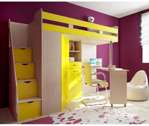 Детская мебель - кровать чердак Фанки Соло 1 дуб кремона / желтый