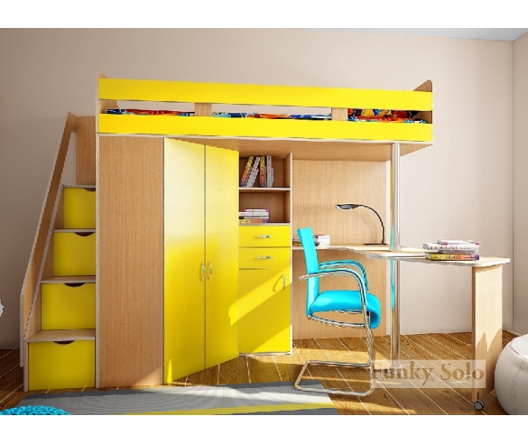 Детская мебель - кровать чердак Фанки Соло 1 бук / желтый