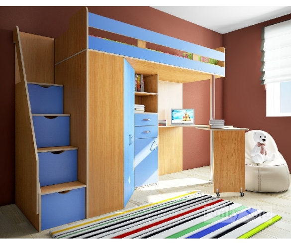 Детская мебель - кровать чердак Фанки Соло 1 бук / голубой