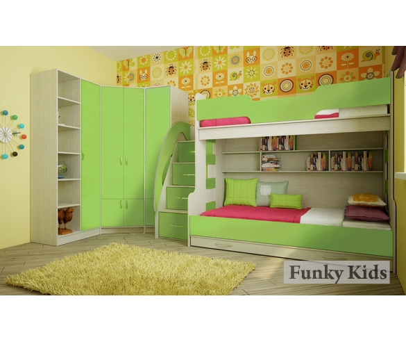 Кровать для двоих детей Фанки Кидз 21 + модули Фанки Кидз, сосна лоредо / зеленый 