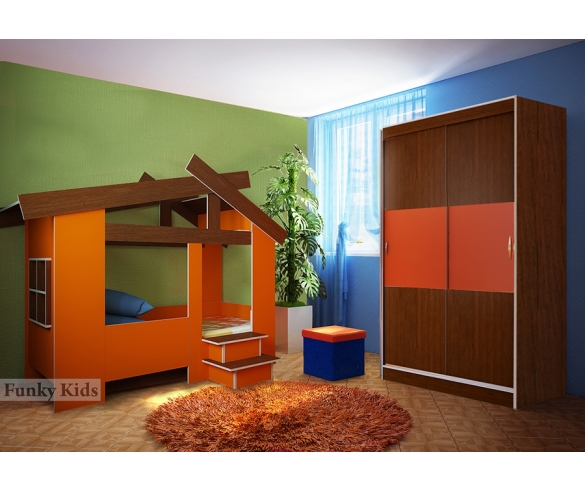 Кровать Домик 13/64СВ + шкаф 13/59СВ + пуф квалратный ФП-1. Цвет: Орех/Оранжевый 