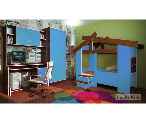Детская кровать Домик 13/64СВ + шкаф 13/3СВ + стол с надстройкой 13/14СВ . Цвет: Орех/Голубой 
