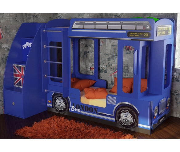 Кровать Лондон в виде автобуса с выдвижными ступенями.