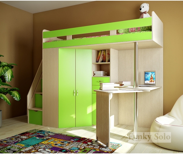 Кровать-чердак Фанки Соло 1 для детей, Дуб кремона / Зеленый 