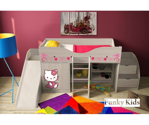 Кровать-чердак Киттик, арт 40020 для девочек с горкой и лестницев в комплекте, матрац приобретается отдельно