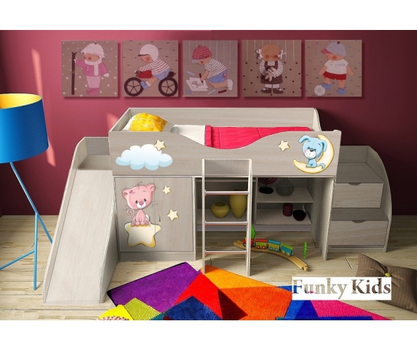 Кровать-чердак для детей Лучшие друзья, арт. 40017 + горка и тумба-лестница 