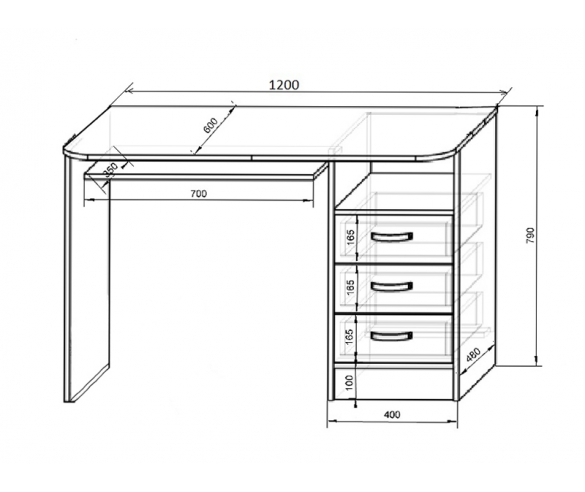 Письменный стол серии Пираты ПР-13/1 - размеры и схема 