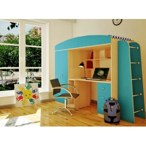 Детская кровать чердак Орбита-8 (корп дуб кремона/фасад голубой) -детская стенка