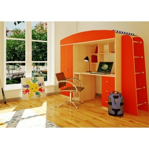 Кровать-чердак с рабочей зоной Орбита-8 (корпус ольха/фасад оранж), сп. место 80*190