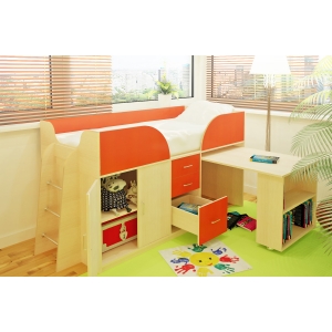Кровать чердак Орбита-10 с выдвижным столом, (Корпус дуб кремона/фасад оранжевый) сп место 190*80.
