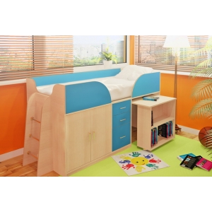 Детская кровать Орбита-10 с выдвижным столом, (Корпус дуб кремона/ фасад синий) сп место 190*80.