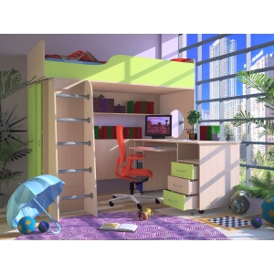 Кровать чердак Орбита 11/1+ стол Орбита 11/2 (дуб кремона / салатовый) 