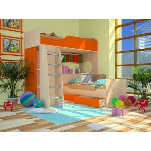 Кровать чердак Орбита 11/1 + нижняя кровать Орбита 11/3 (дуб кремона/оранжевый) спальное место 160*70