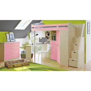 Кровать Орбита1 ГРАНД с лестницей-тумбой (дуб кремона/розовый)