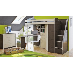 Детская кровать Орбита-1 ГРАНД (корпус Венге -фасад Дуб Кремона) с тумбой лестницей ПРАВАЯ