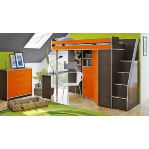 Кровать Орбита 1 ГРАНД венге/оранж с лестницей в виде комода.