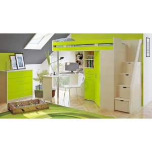 Кровать чердак Орбита 1 ГРАНД тумба с лестницей  (дуб кремона/лайм) 