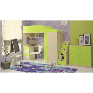 Кровать Орбита 7+ лестница+комод  (дуб кремона- лайм)