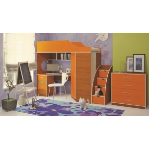 Двухъярусная кровать Орбита 7 с лестницей и комодом (ольха-оранж)