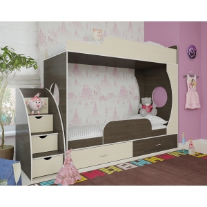 Детская кровать Орбита 2 с дополнительным бортиком и лестницей с выдвижными ящиками