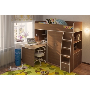Детская кровать чердак Орбита 18 с выкатным столом Итальянский орех/итальянский орех