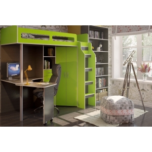 Кровать чердак с рабочей зоной Орбита - 1 ОПТИУМ (корпус венге/ фасад лайм)