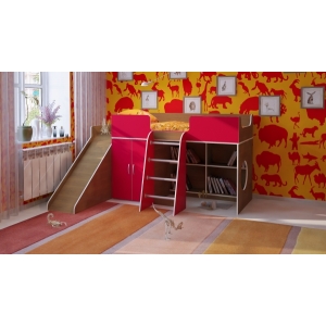 Кровать чердак Орбита 6 с горкой (корпус франц.орех / фасад красный)