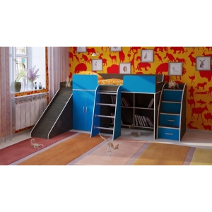 Кровать чердак Орбита 6 с тумбой - лестницей и горкой (корпус венге / фасад синий)