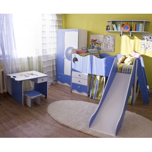 Мебель Морячек - композиция 2 (кровать - чердак с горкой + шкаф + письменный стол + полка + тумба под кровать + табурет)