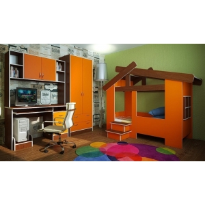 Мебель Домик 13/64СВ + стол с надстройкой 13/14СВ + шкаф 13/3СВ.  Орех/Оранжевый 