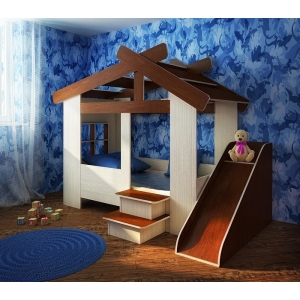 Кровать Домик для детей с игровой горкой  Орех/Сосна лоредо
