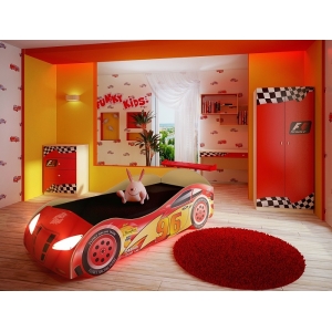 Кровать машина Молния Маквин арт 20004 + мебель Фанки Авто ФА-СТ4 + ФА-П1 + ФА-Ш3 + ФА-К1