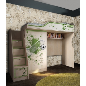 Кровать-чердак Футбол со шкафом и нишей и лестницей-комодом