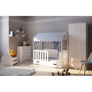 Кровать для детей Домик Сказка с мебелью в белом цвете