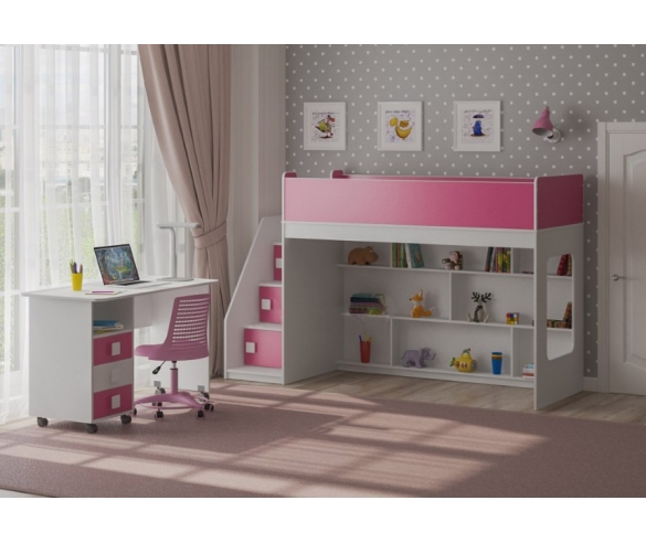 Кровать чердак для девочек Легенда 43.3.5 корпус белый / фасад розовый.