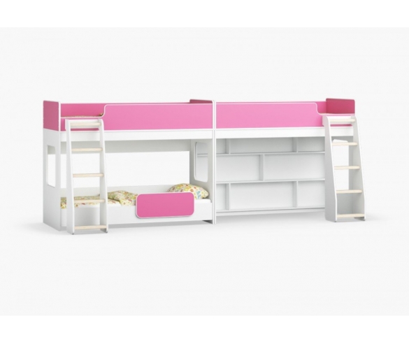 Трехъярусная кровать Легенда 42.4.4, корпус белый / фасад розовый