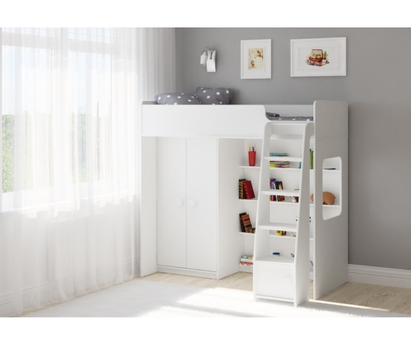 Кровать-чердак со шкафом A601.1 в белом цвете