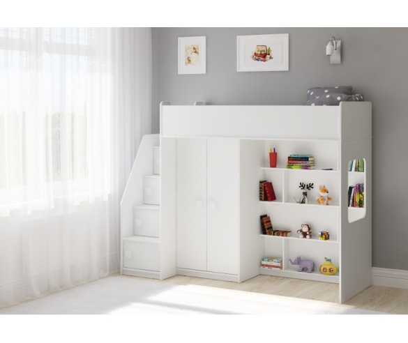 Кровать-чердак с лестницей-комодом A602.3 в белом цвете
