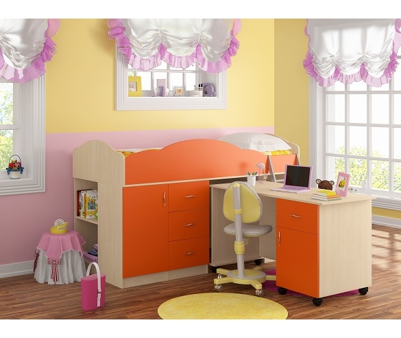 Кровать-чердак "Дюймовочка-5" Корпус: Дуб Молочный, Фасад: Оранжевый