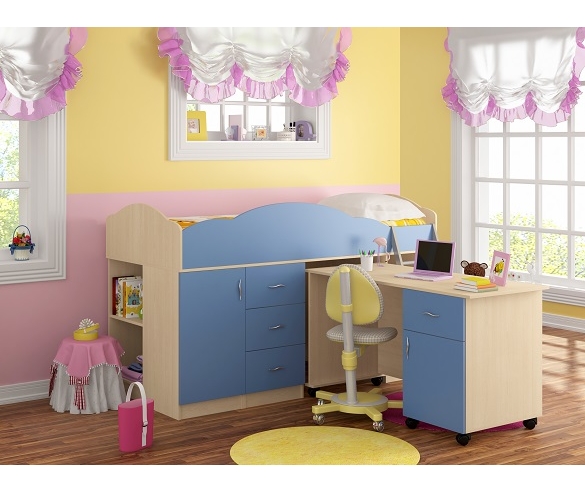 Кровать-чердак "Дюймовочка-5" Корпус: Дуб Молочный,Фасад: Голубой