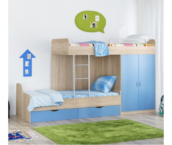 Двухъярусная кровать Дельта для мальчиков Дуб Сонома/Голубой