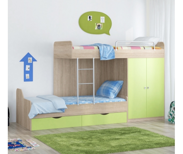 Кровать для двух детей с шкафом Дельта Дуб Сонома/Салатовый