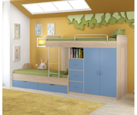 Двухэтажная кровать для мальчиков Дельта дуб сонома/голубой